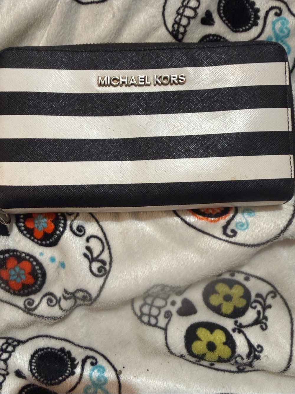 MICHAEL KORS Black and White Striped Zip Wallet